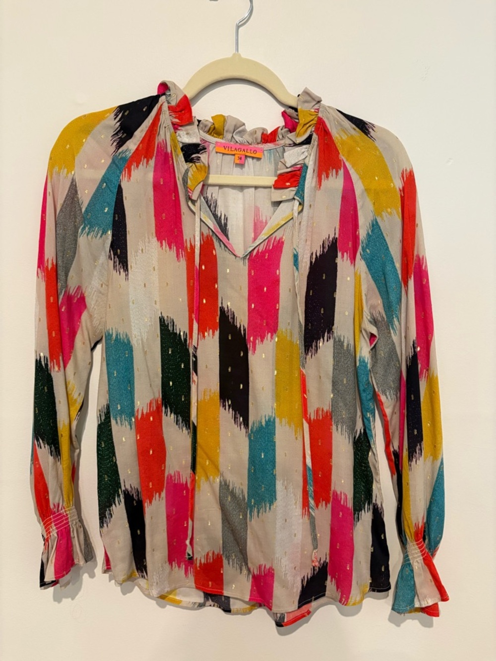 Vilagallo Multicolor Brushstroke V-Neck Blouse - Pink/Yellow/Blue